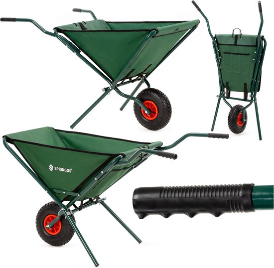 Groene opvouwbare kruiwagen met zwart handvat en rode velg op het wiel.