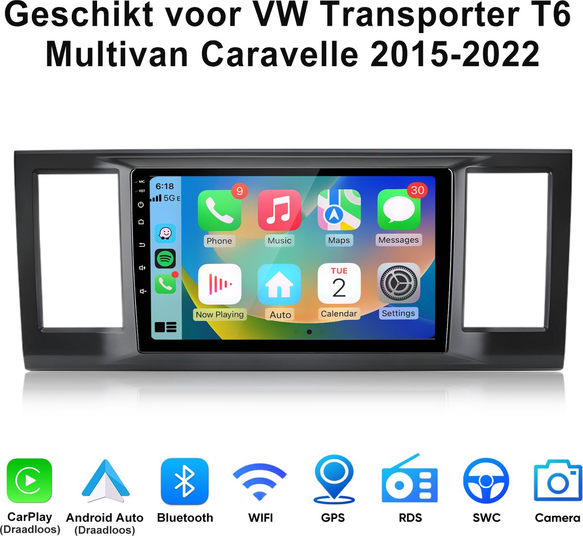 JUNSUN Android 15 Autoradio Geschikt voor VW Transporter T6 Multivan Caravelle 2015-2022, 2GB+64GB, Draadloze CarPlay & Andriod Auto, DAB+, GPS-navigatiesysteem, Bluetooth, Stuurwielbediening, WiFi, 9 inch HD Touchscreen, DSP, Quad-core processor