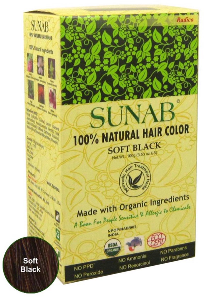 Radico 100% NATURAL SUNAB Soft Black 100% Natuurlijke BIO Organic 9-Kruiden Haarverf Zonder Ammoniak. Ammonia. PPD. PTD. Peroxide. Waterstofperoxide etc. o.a. Henna. met o.a. ECOCERT  100g