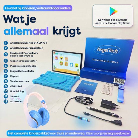 Contenu du pack enfant AngelTech XL PRO II : tablette enfant bleue, casque, accessoires et protections.