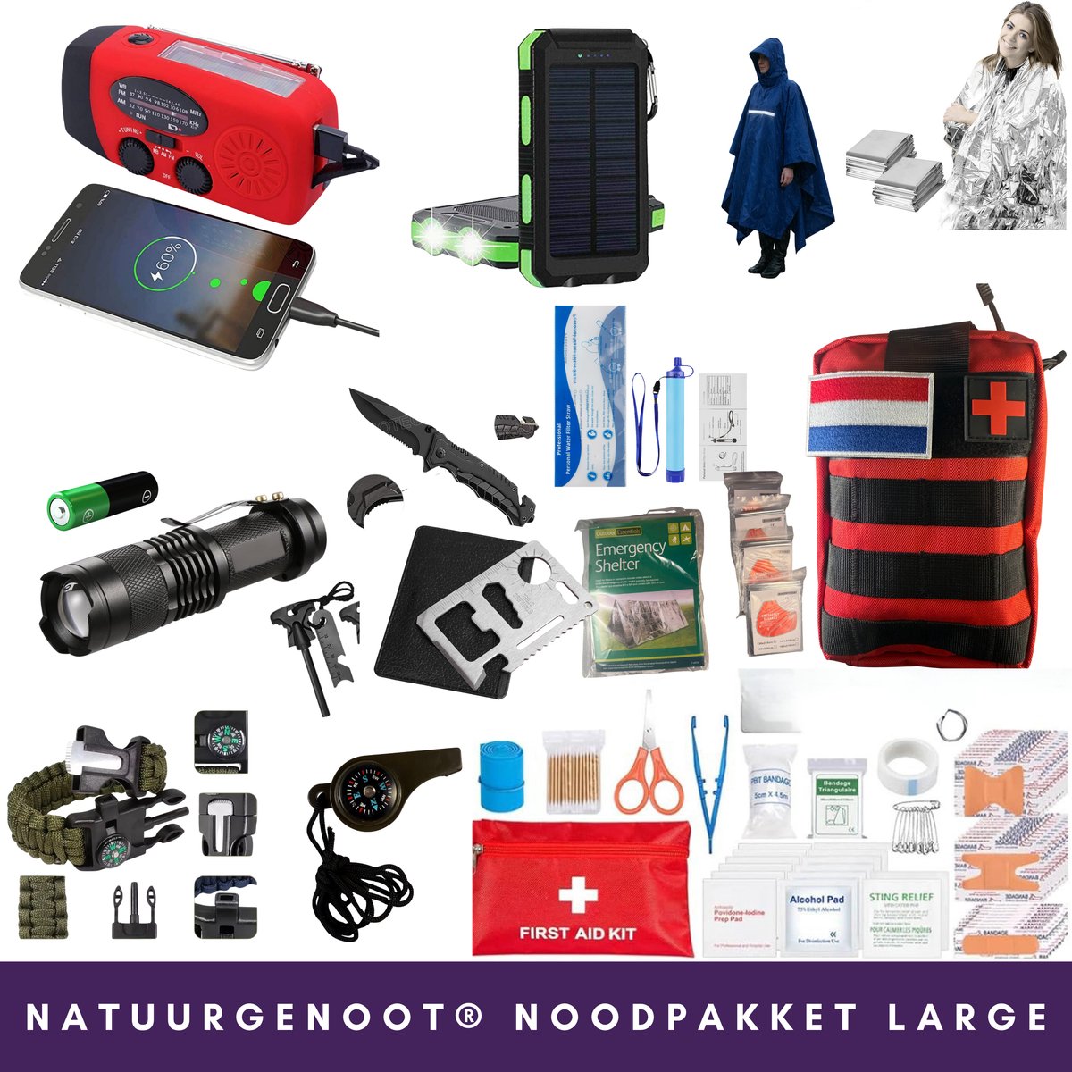 Compleet Noodpakket 72 Uur Large – Noodradio solar opwindbar- Powerbank-Survival kit– Waterfilter 3000Liter – Zaklamp- Zakmes-Nooddeken – Fluitje – Emergency Kit- Regenponcho