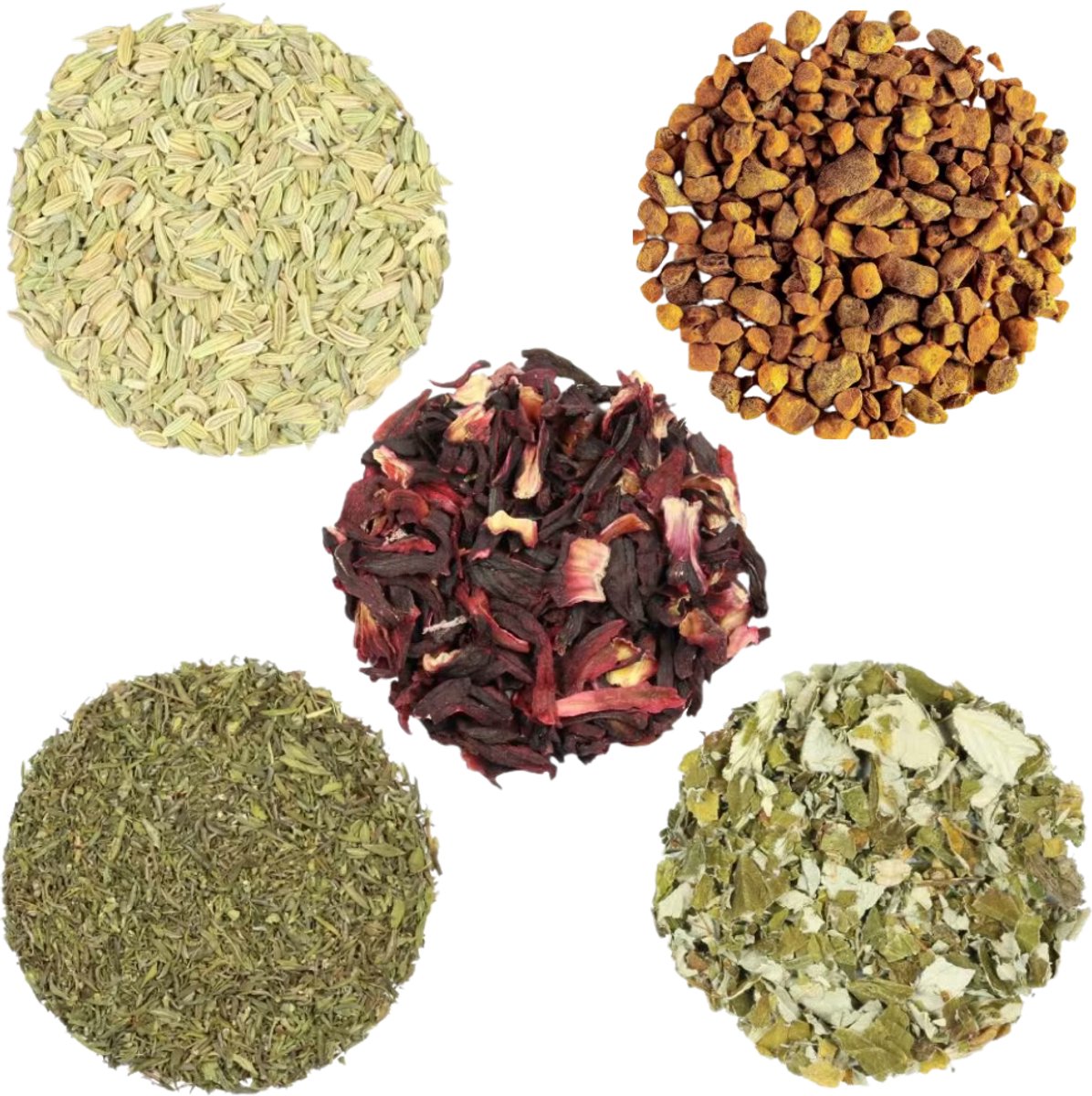 Proefpakket Pure Kruiden (2/2) – 5 x 15g Losse Thee – Venkel, Kurkuma, Tijm, Frambozenblad & Hibiscus