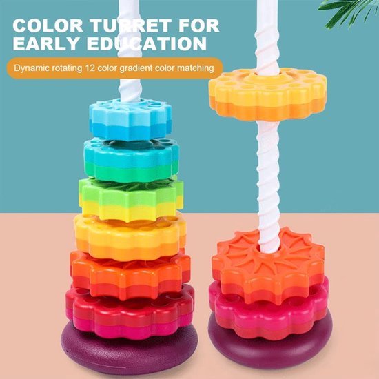 Baby stapeltoren - Regenboog ringen stapelspeelgoed met draaiende tandwielen - Montessori speelgoed - Sensorisch leerzaam speelgoed — afbeelding 2