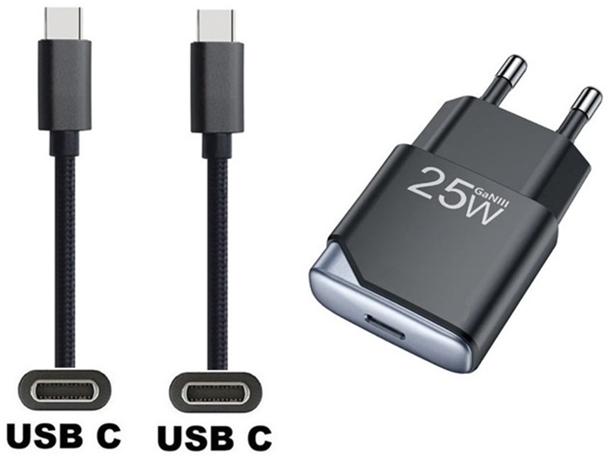 OneOne 25W super snellader USB C poort en glazen screenprotector + 2,0m USB C naar USB C kabel. Krachtige zwarte universele PD PPS lader. Compacte oplader adapter met GaN III technologie. Screenprotector past op Apple iPhone 16 Pro, iPhone 17