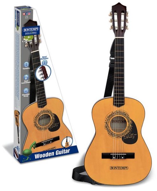 Houten gitaar met zwarte band en muzieknootdecoratie. Gitaar en doos met tekst 'Wooden Guitar' zichtbaar.