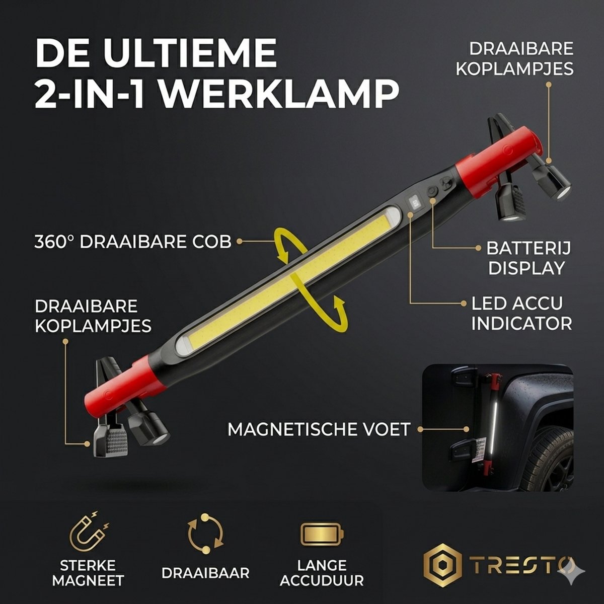 TRESTO - Magnetische LED Werklamp - Oplaadbare Werkplaatslamp - Inspectielamp - COB Lamp - Draagbare Werklamp - Waterdicht - Voor Garage, Auto & Camping - Rood