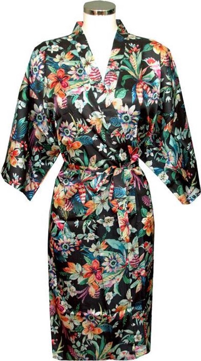 TA-HWA - Kimono Dames - Zwart - met Bloemmotief - One Size