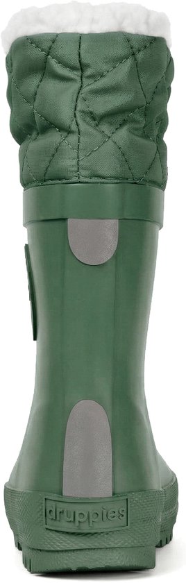 Olijfgroene rubberen laars met gewatteerde kraag en witte voering, met reflecterende details op de achterkant.