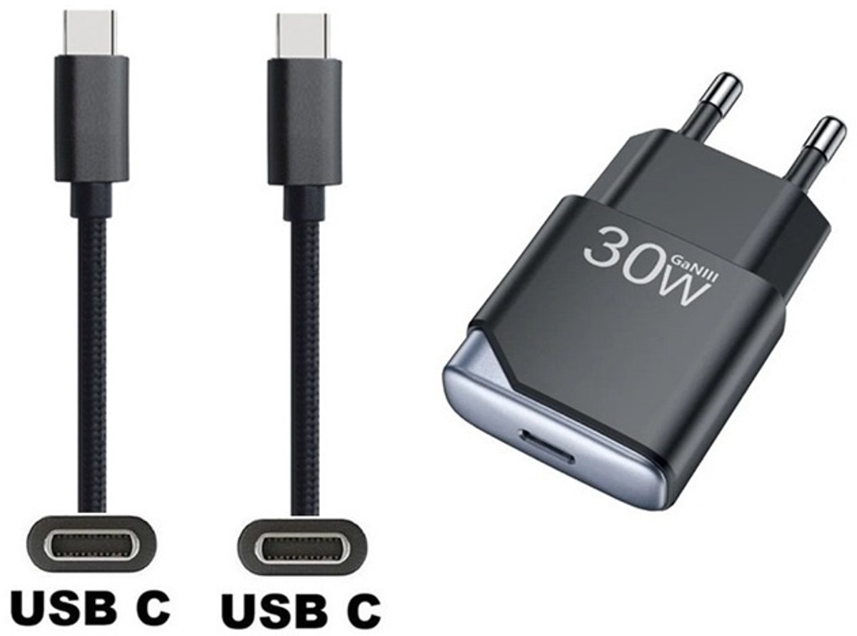 OneOne 30W super snellader USB C poort en glazen screenprotector + 2,0m USB C naar USB C kabel. Krachtige zwarte universele PD PPS lader. Compacte oplader adapter met GaN III technologie. Screenprotector past op Apple iPhone 16 Pro, iPhone 17