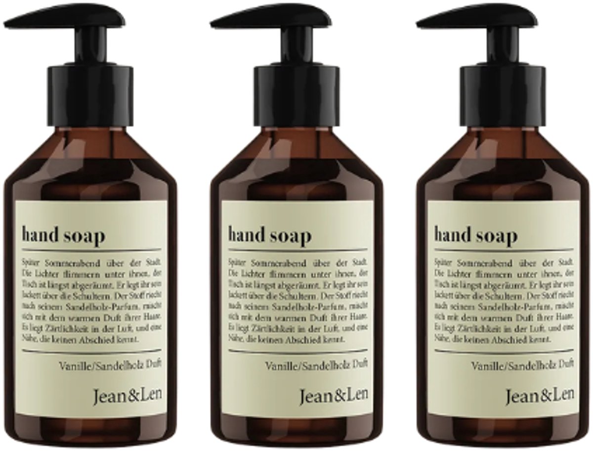 Jean & Len Handzeep - Vanille & Sandelhout | 3x 250 ml Vloeibare zeep | VOORDEELVERPAKKING - 3 stuks Luxe Handzeep