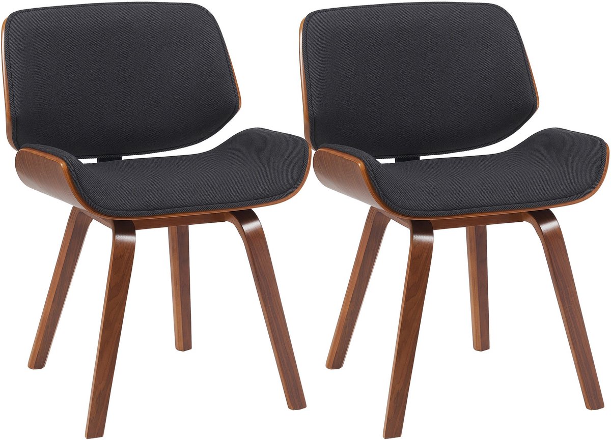 CLP Beverley Eetkamerstoelen - Set van 2 - Retro Kuipstoel met Gebogen Hout Walnoot Look - Luxe Gevoerde Stoelen - Stof/walnoot/zwart