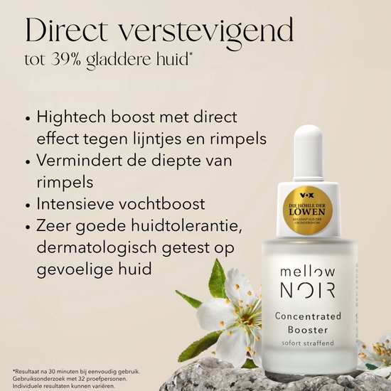 Een flesje Mellow NOIR Concentrated Booster met witte bloesem. Tekst: "Direct verstevigend tot 39% gladdere huid".