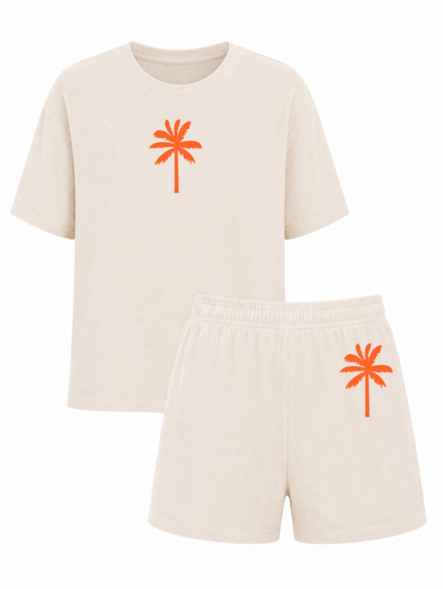 Zomer | Setje | Badstof | Palmboom| Neon Orange | Velvet | Off White | Maat M | Oversized M/L | 100% BIO Katoen