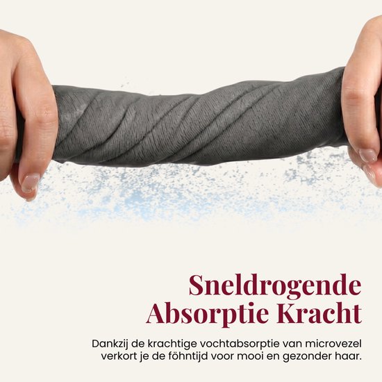 Grijze microvezel handdoek wordt uitgewrongen, met tekst 'Sneldrogende Absorptie Kracht'.
