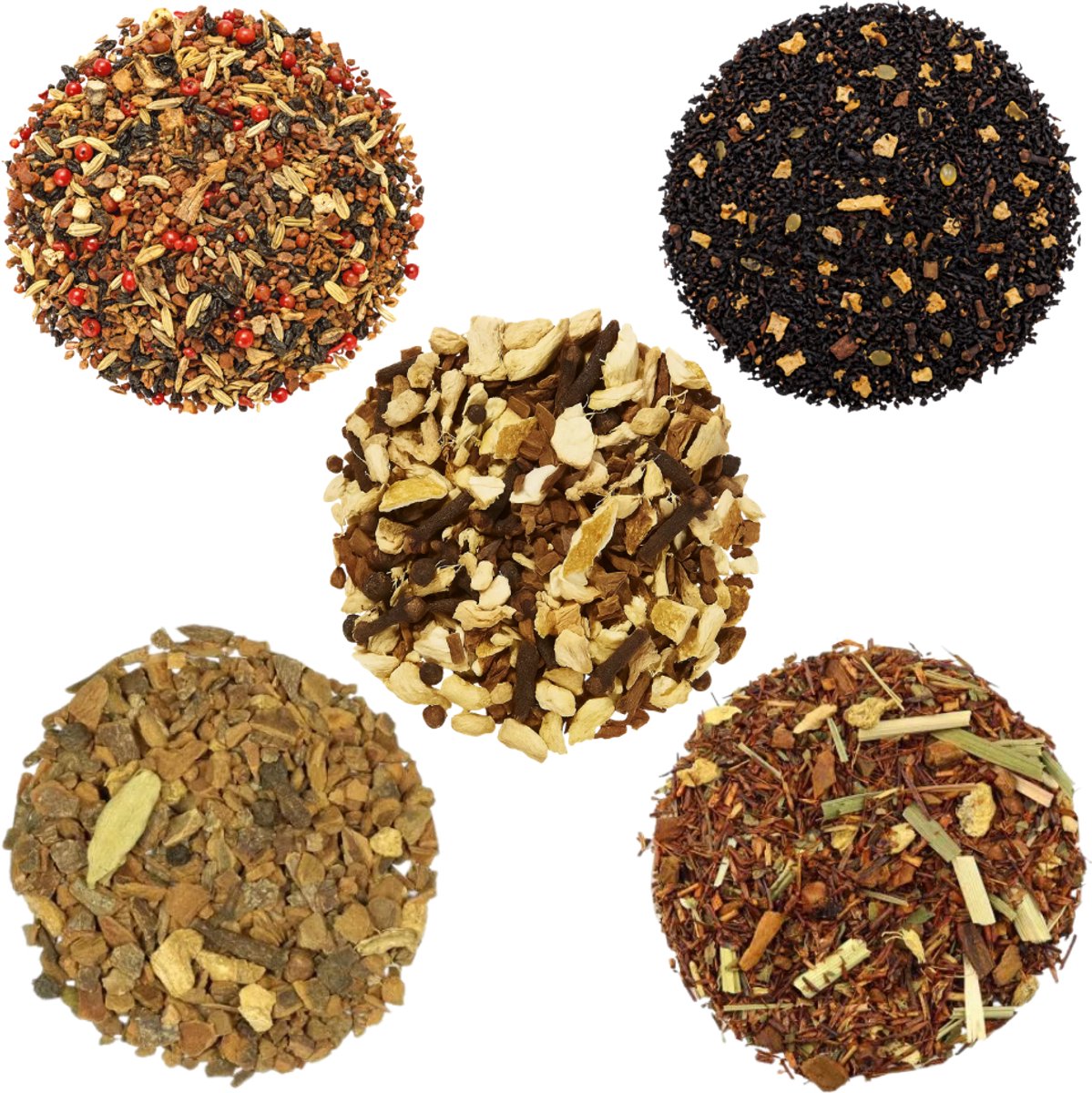 Proefpakket Chai – 5 x 15g Losse Thee – Groen, Rooibos, Zwart, Ayurveda & Winter