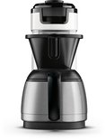 Witte Senseo koffiezetapparaat met een glanzende metalen thermoskan en een zwarte filterhouder.