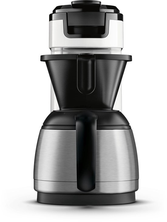 Witte Senseo koffiezetapparaat met een glanzende metalen thermoskan en een zwarte filterhouder.