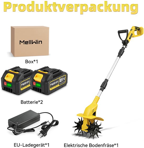 MellWin Accu Grondfrees - Draadloze rotavator - Elektrische Tuinfrees - 800 tpm - met 2 Accu's - 22 cm werkbreedte - 16 cm werkdiepte van MellWin — afbeelding 3