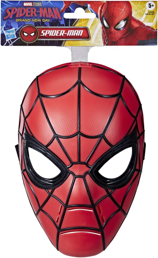 Masque rouge Spiderman dans son emballage avec image de Spiderman.