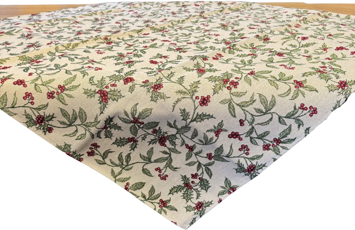 Tafelkleed - luxe gobelinstof - Christmas Berries - Hulst - Besjes - Kerst - Vierkant 100 x 100 cm