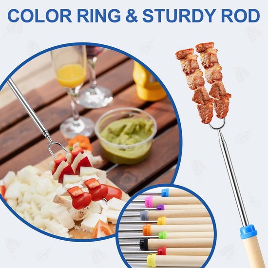 8-stuks Hotpot vorkenset - Hotpot vork - BBQ vork - Roestvrijstalen vork - Kaasfondue vork - Telescopische vork - 31-81 cm - Houten handvat - Geschikt voor het roosteren van marshmallows, hotdogs, worstjes, groenten, enz. - Houtkleur — afbeelding 5