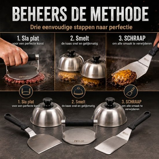 Drie stappen om een smashburger te maken met een pers, deksels en spatels.