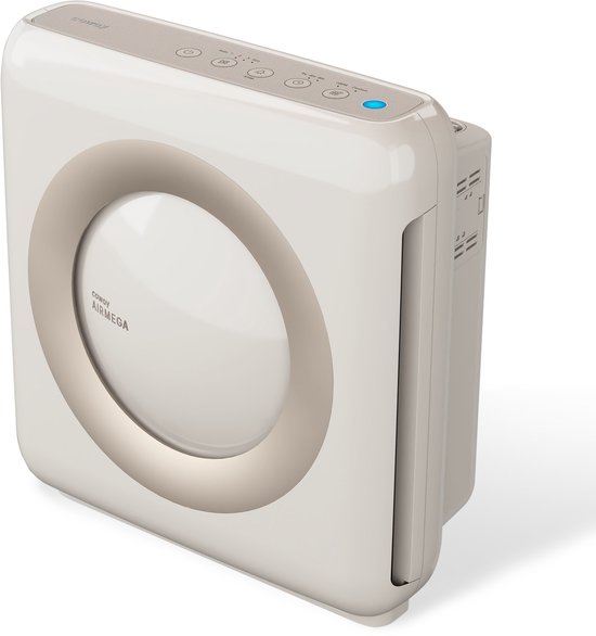 Rechts aanzicht van een beige Coway AirMega luchtreiniger met bedieningspaneel bovenop.