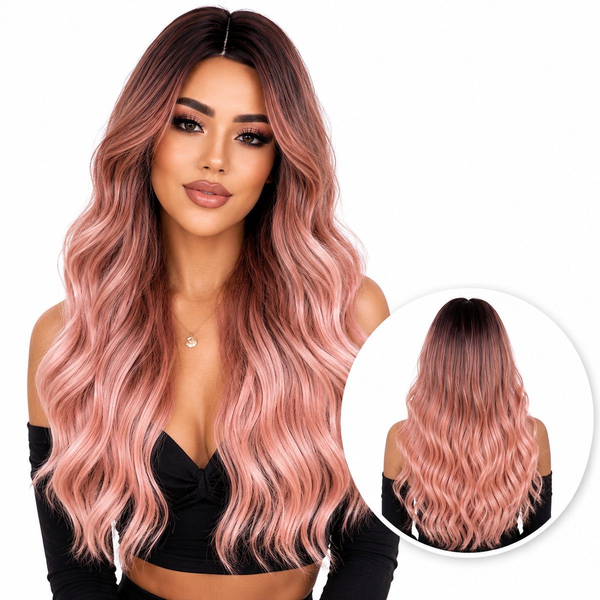 SassyGoods Roze Pruik - Pruiken Dames Lang Haar - Wig - Haarstuk - Wasbaar - 70 cm