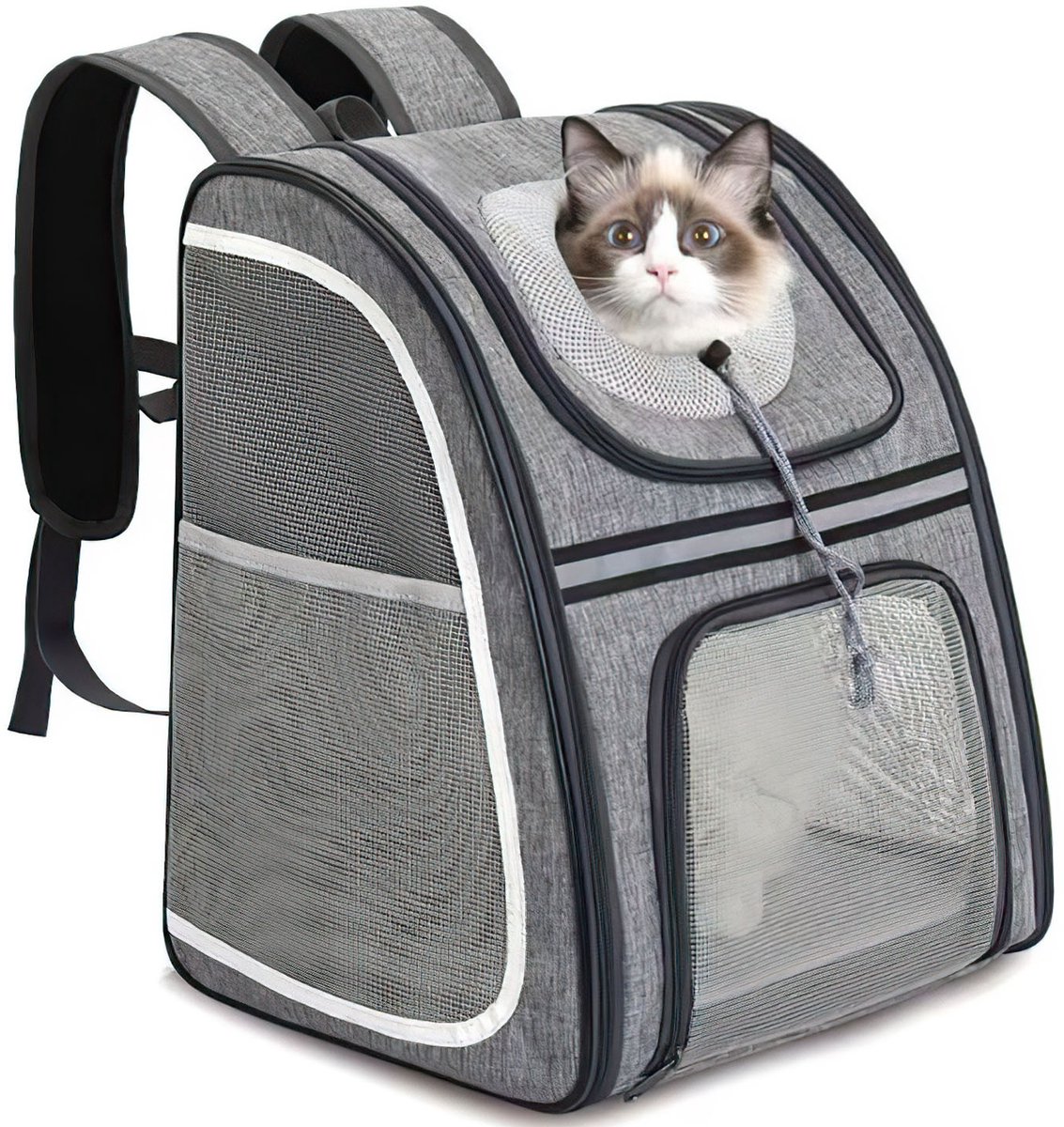 Opvouwbare Kattenrugzak – Ademend Dierenvervoer Tas met 4-Ring Staalframe – Zwart/Grijs