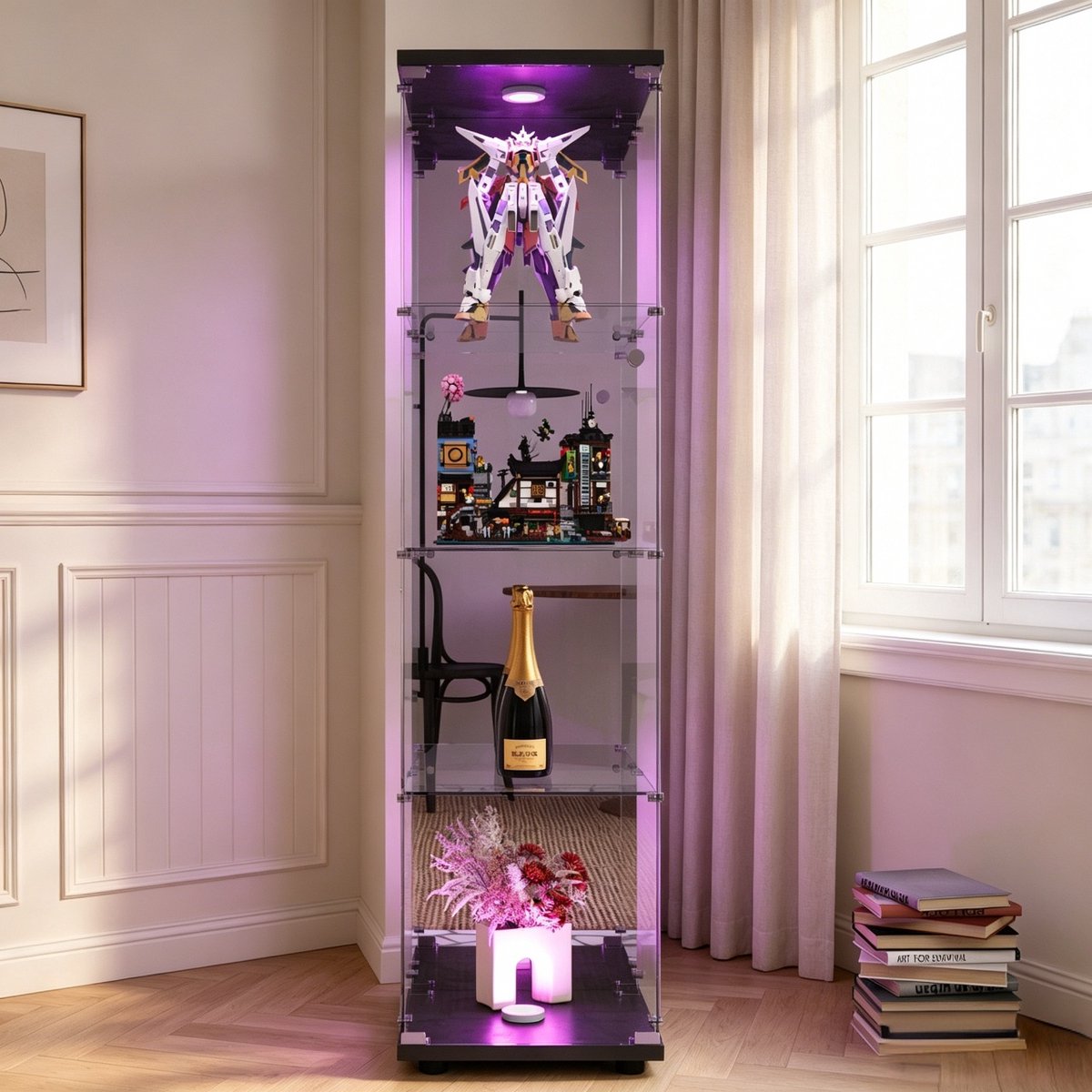 Glazen vitrinekast met LED, Moderne vitrinekast met 4 planken van ESG-Spiegelglas, verzamelvitrine voor bar, woonkamer, 164 x 42,5 x 36,5 cm, Zwart