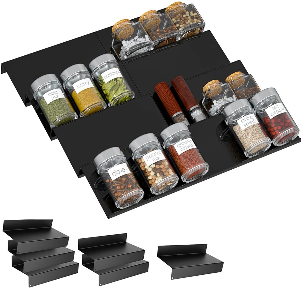 Kruidenrek Lade - Kruidenrek - Kruiden Organizer - Combineerbaar - 6 Stuks - Keukenopslag - Zwart