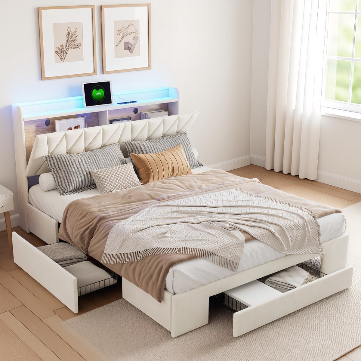 Gestoffeerd bed 160x200 cm met LED-verlichting, USB-oplaadfunctie en opbergruimte – Modern tweepersoonsbed met lades en Lattenbodem – Fluwelen Beige – Zonder matras
