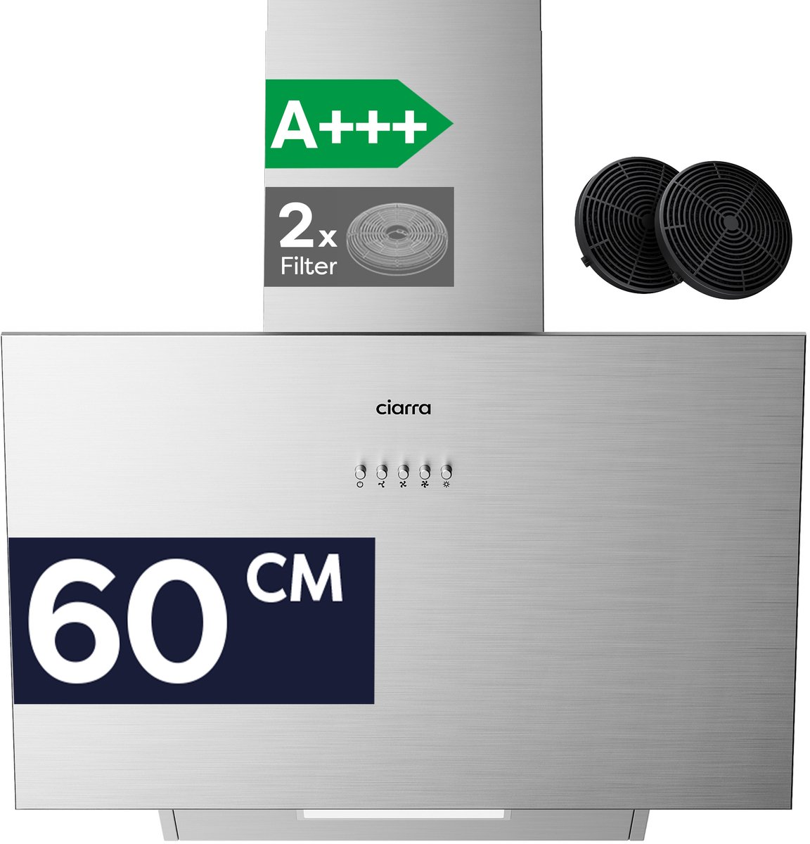 CIARRA VMS6762A - A+++ 674 m³/u Schuine Afzuigkap 60 cm 3 Standen met LED Recirculatie & Luchtafvoer RVS