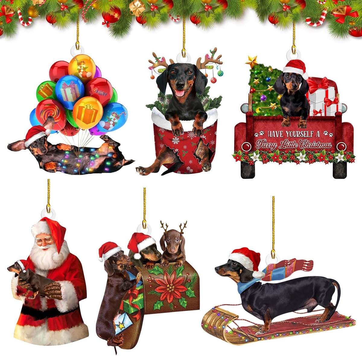 Dailygoods - Dailygoody - Kerstboomversiering - Teckel - Grappige decoratie - 6 stuks - Gepersonaliseerde kerstdecoratie - Hangende ornamenten voor kerstmis