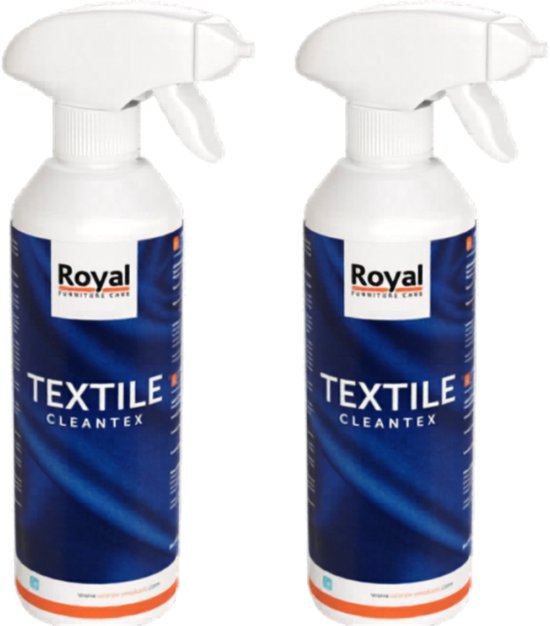 Twee flessen Royal Furniture Care TEXTILE CLEANTEX met spuitkoppen op witte achtergrond.