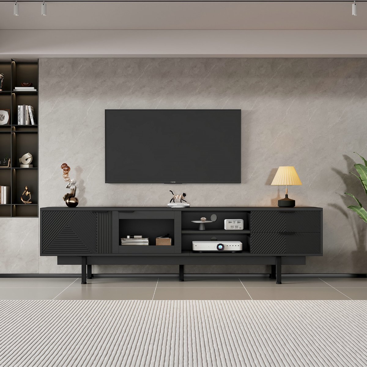 VVBV Tv meubel met led / Tv kast – met LED-Verlichting, Opbergruimte, Lades – 200x40x50.5 cm – 2 Lades – 2 Deuren – Fluweel – Zwart