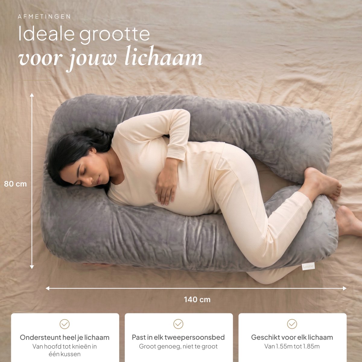 Luune Zwangerschapskussen XXL U-Vorm 280 cm – Extra Stevig Gevuld – Zijslaapkussen, Voedingskussen & Lichaamskussen (Body Pillow) – Afneembare Velours Hoes – Grijs – foto 6