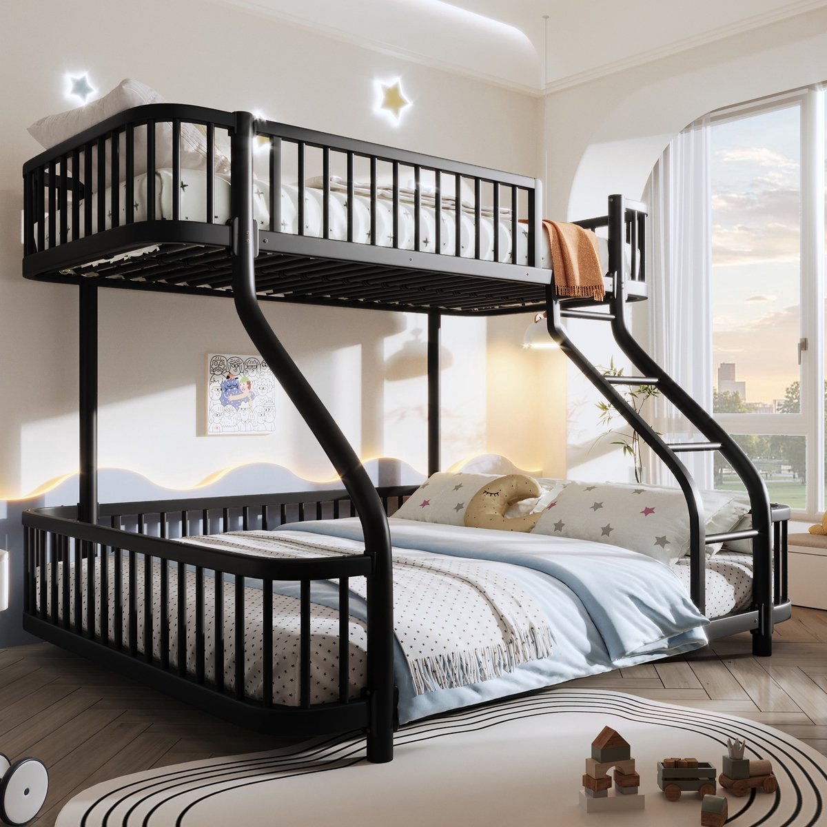 VVBV Stapelbed 90x200 en 140x200 – Kinderstapelbed met Veiligheidshek – Metaal – Zonder Matras – Zwart – Ladder – Metalen Frame Black