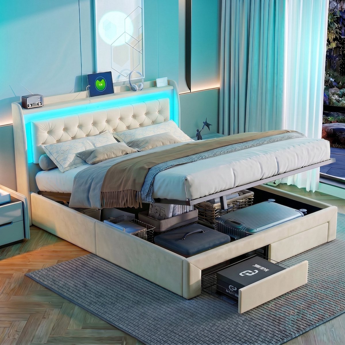 SHOPENTRA Opbergbed 160x200 cm Beige Fluweel