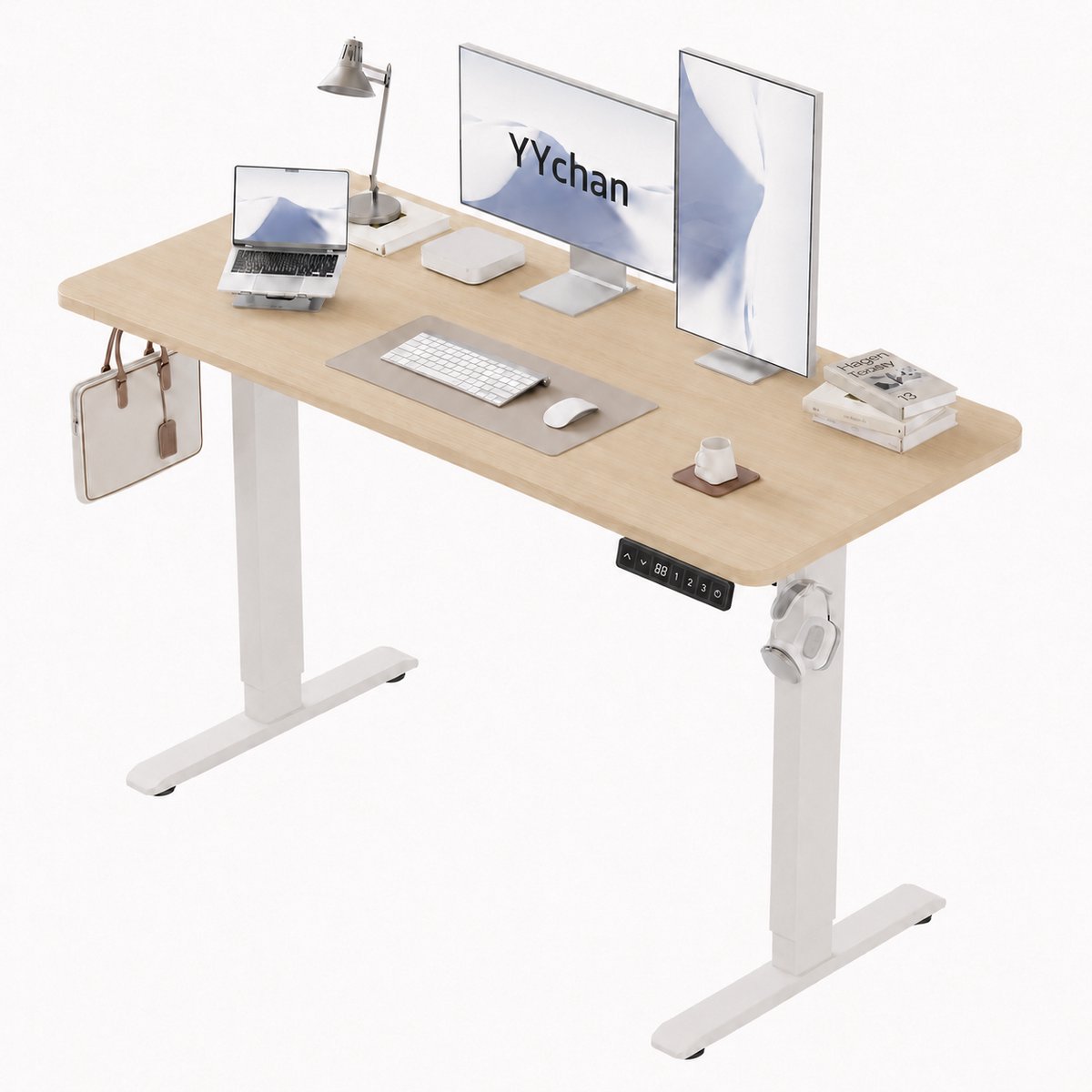 YYchan Zit Sta Bureau Elektrisch 140x60 - Gaming Bureau - Elektrisch verstelbaar - Tafelblad uit één stuk - Geheugenbediening, Stabiel T-Frame, met Koptelefoonhaak - Hoogteverstelbaar 72–118 cm - Eiken Wit