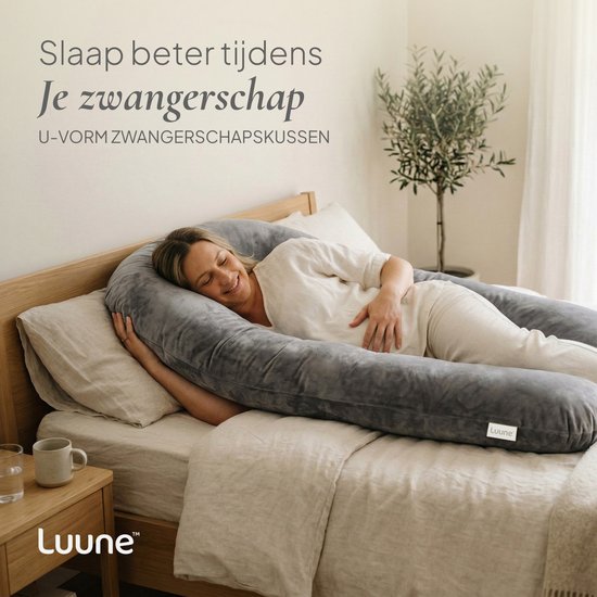 Luune Zwangerschapskussen XXL U-Vorm 280 cm - Traagschuim - Extra Stevig Gevuld - Zijslaapkussen, Voedingskussen & Lichaamskussen (Body Pillow) - Afneembare Velours Hoes - Grijs — afbeelding 2
