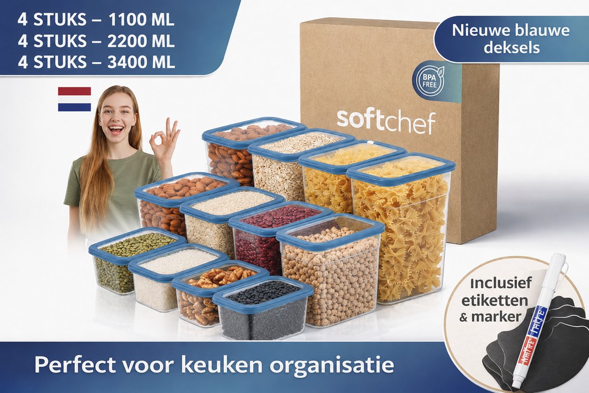 Soft Chef Viola 12 delige rechthoekige voedselbewaarset BPA vrij stapelbaar met Antraciet deksels (4x1100 ml 4x2200 ml 4x3400 ml) vaatwasserbestendig