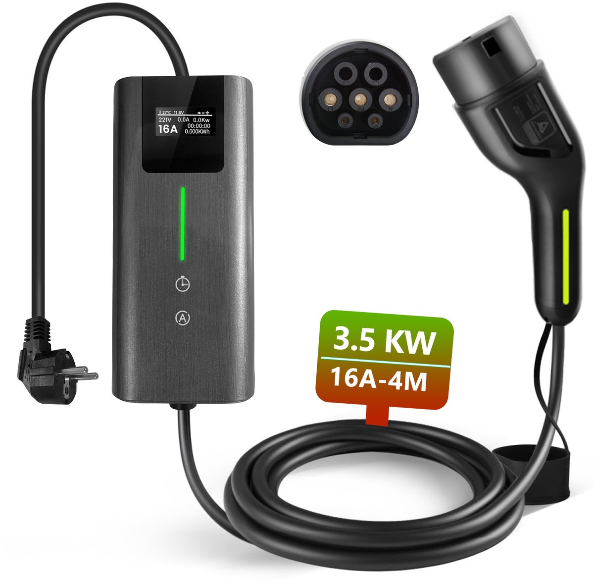 Hexinex - EV Mobiele Thuislader Laadkabel - Type 2 3,5 kW 6-16 A 4 m 1-fase - met digitaal display