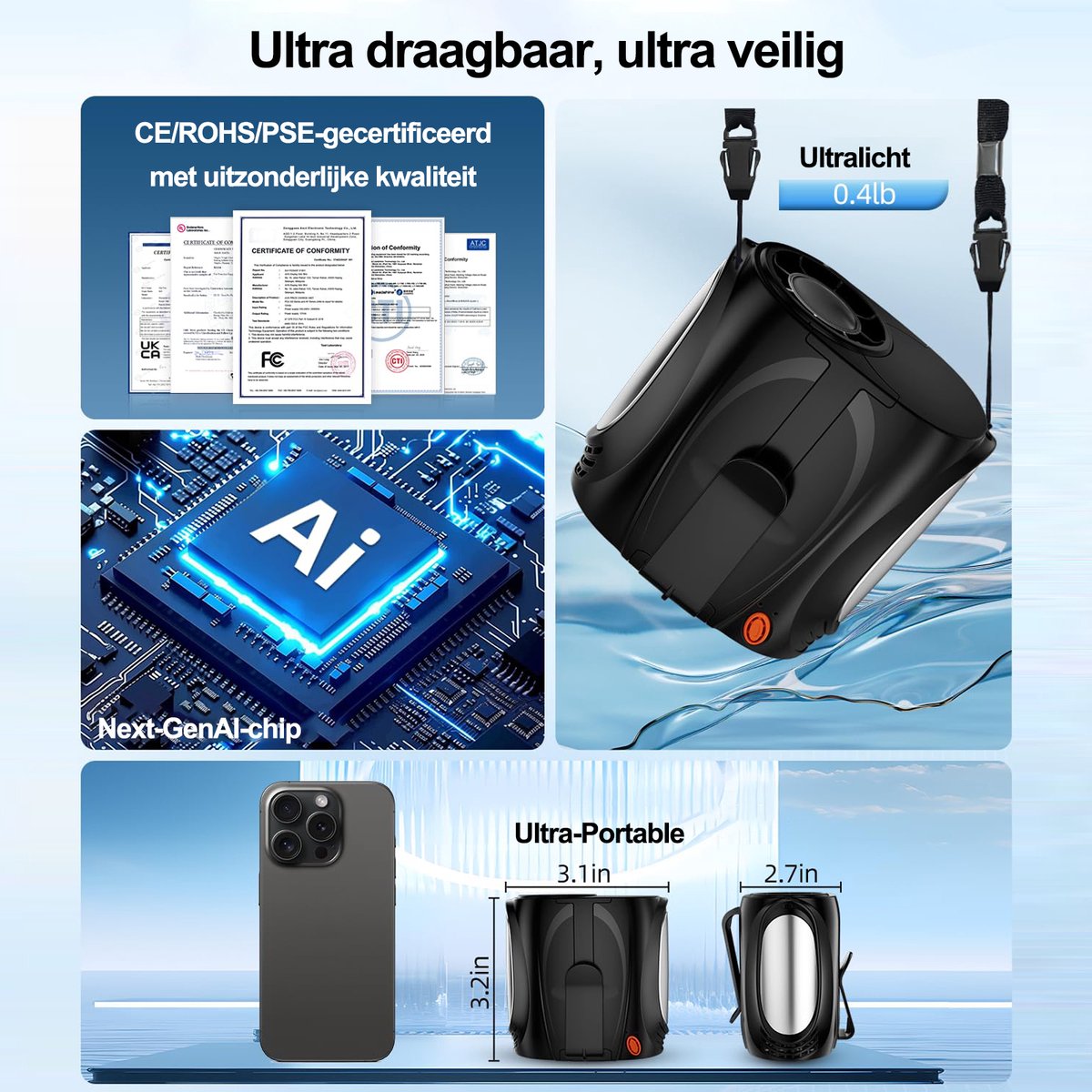 Svintora Handventilator Multifunctionele - 6000 mAh Mini Ventilator - Draagbare Oplaadbaar NekVentilator Met koeling - 6 Standen Tailleventilator Clipventilator voor de taille - Zwarta — afbeelding 7
