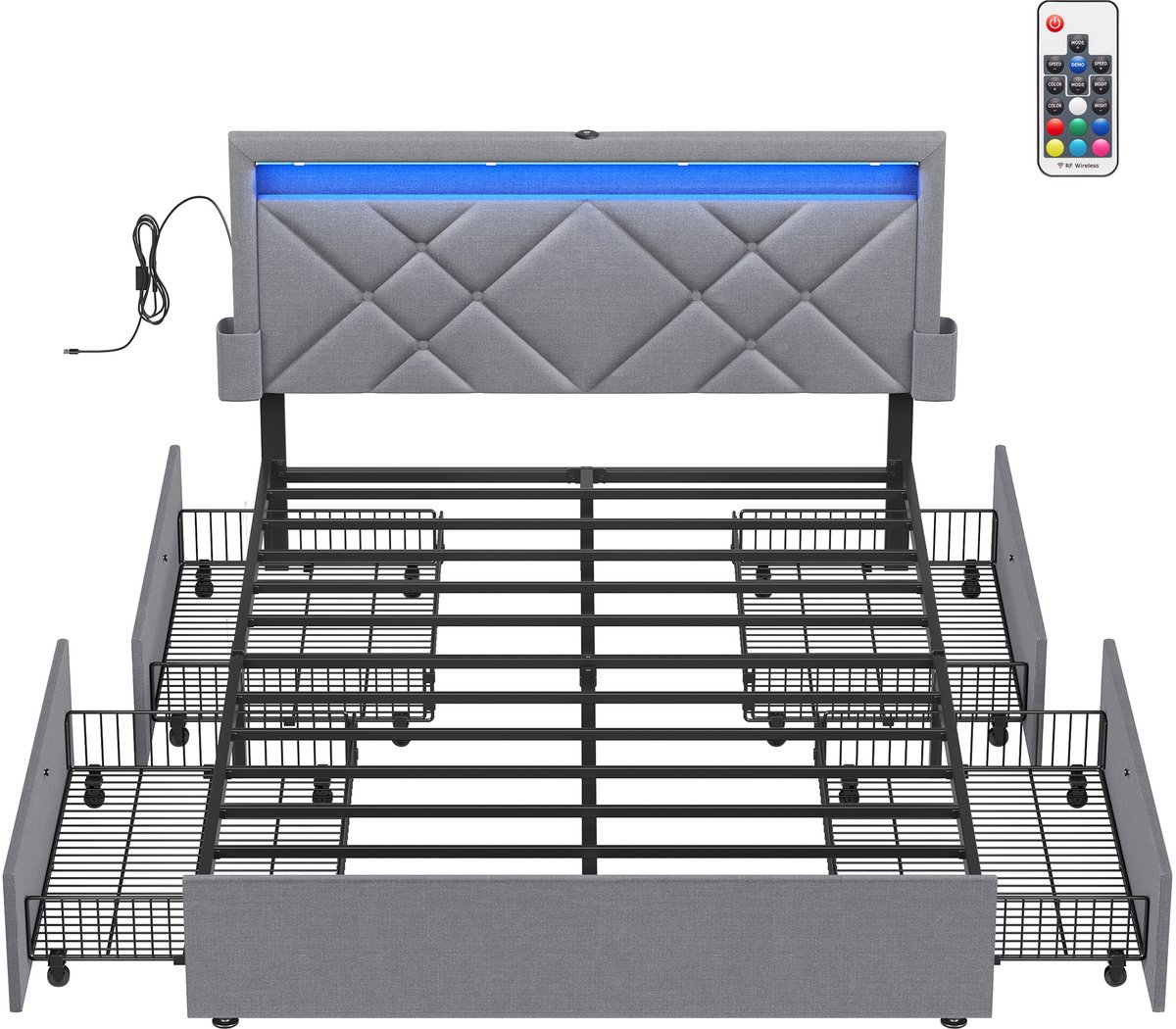 Vasagle Bed - LED Verlichting - 4 Lades - Verstelbaar Gestoffeerd Hoofdbord Leigrijs-Matzwart