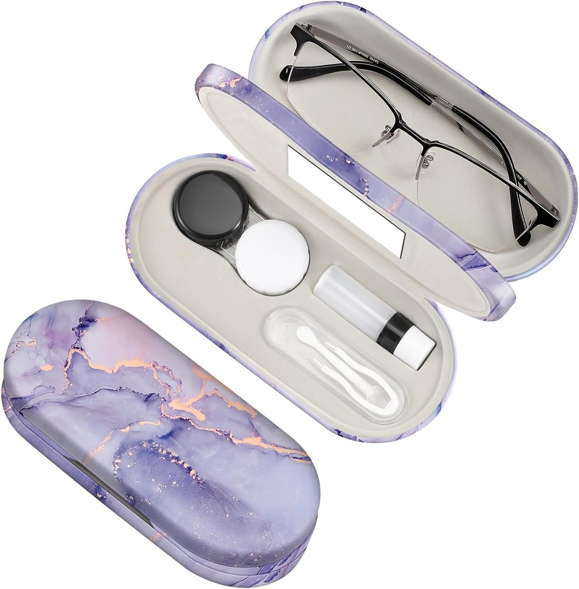 Dubbellaagse brillenetui met spiegel en contactlenzenhouder, ideaal voor reizen en bescherming van brillen en lenzen