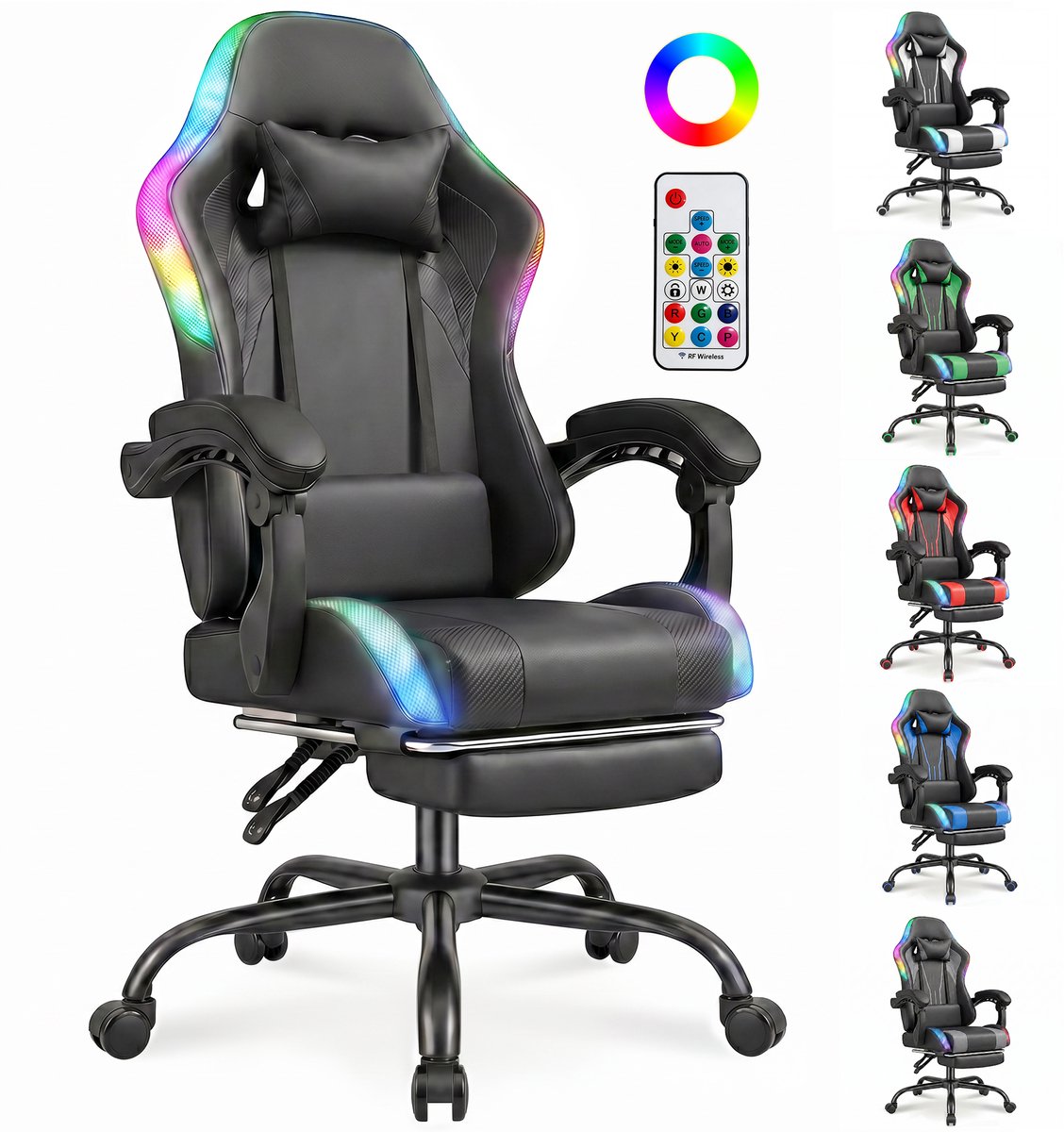 Devoko Game Stoel met ledverlichting-Ergonomische Gamestoel-Gaming chair met voetensteun-Bureaustoel met hoofdsteun en lendensteun-Zwart