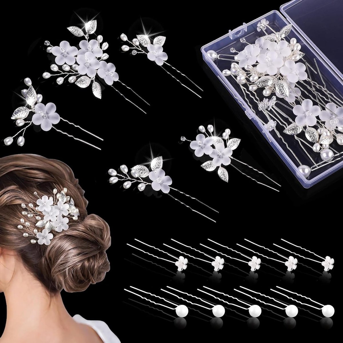 5 Stuks Bruiloft Haarspelden met Bloemen en Parels – U-vormige Haaraccessoires voor Vrouwen