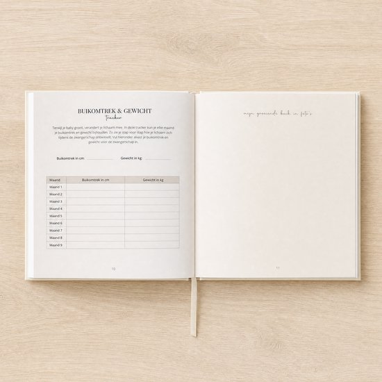 Open zwangerschapsdagboek met sectie 'Buikomtrek & Gewicht Tracker'. Een tabel om maandelijkse metingen bij te houden.
