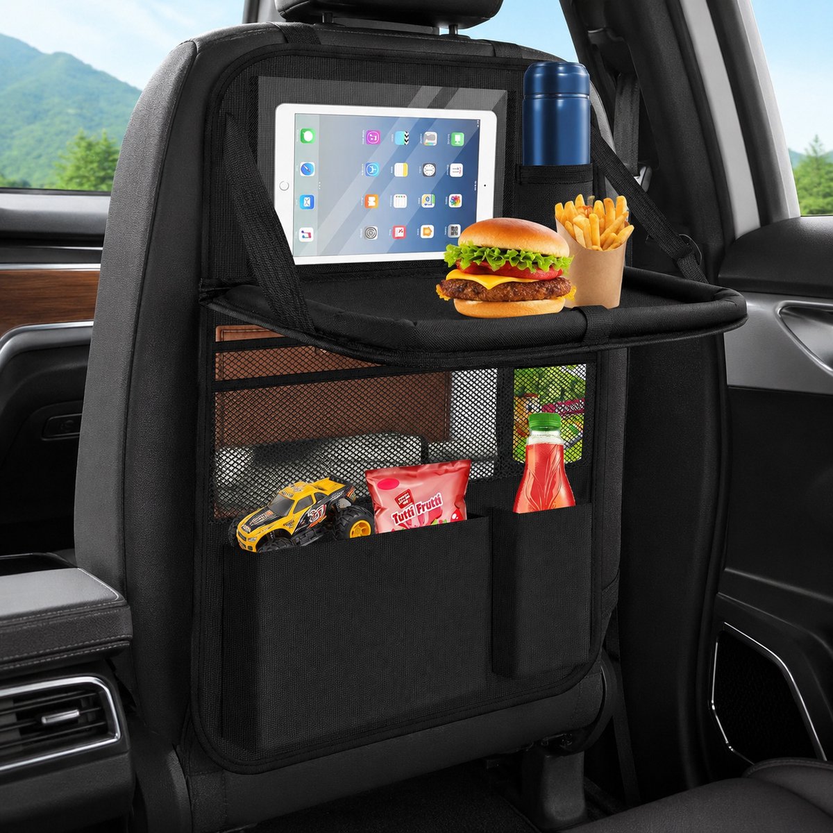 Auto Organizer Achterbank met Inklapbaar Tafeltje - Multifunctionele Autostoel Organizer voor Kinderen - Waterdichte Rugleuningbeschermer met Tablet Houder en Bekerhouders - Zwart
